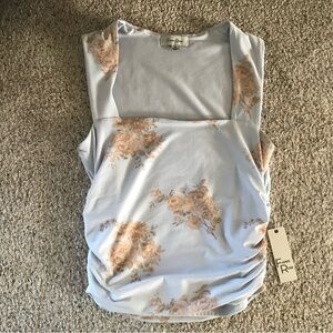 NWT Floral Sleeveless Blouse in Soft Blue and Tan.